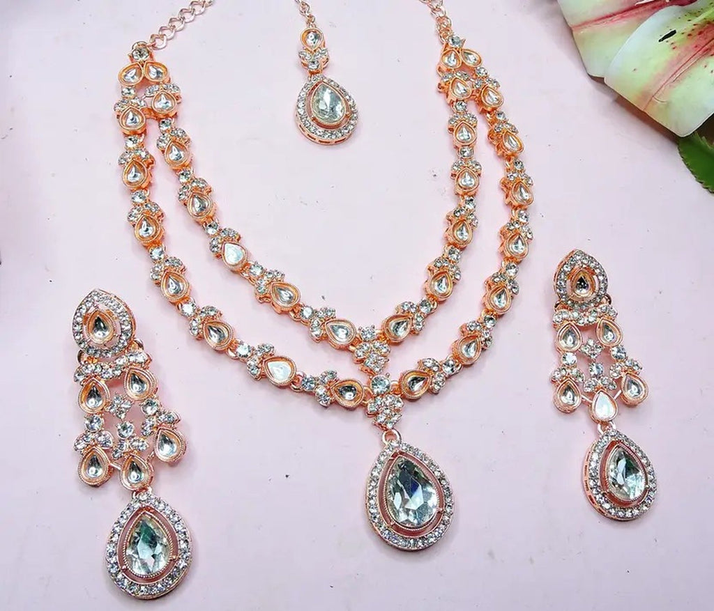 Jewel City Teardrop Bridal Necklace Set with Earrings & Maang Tikka - Ethnic Wedding Jewelry for Brides & Parties | Grocsy