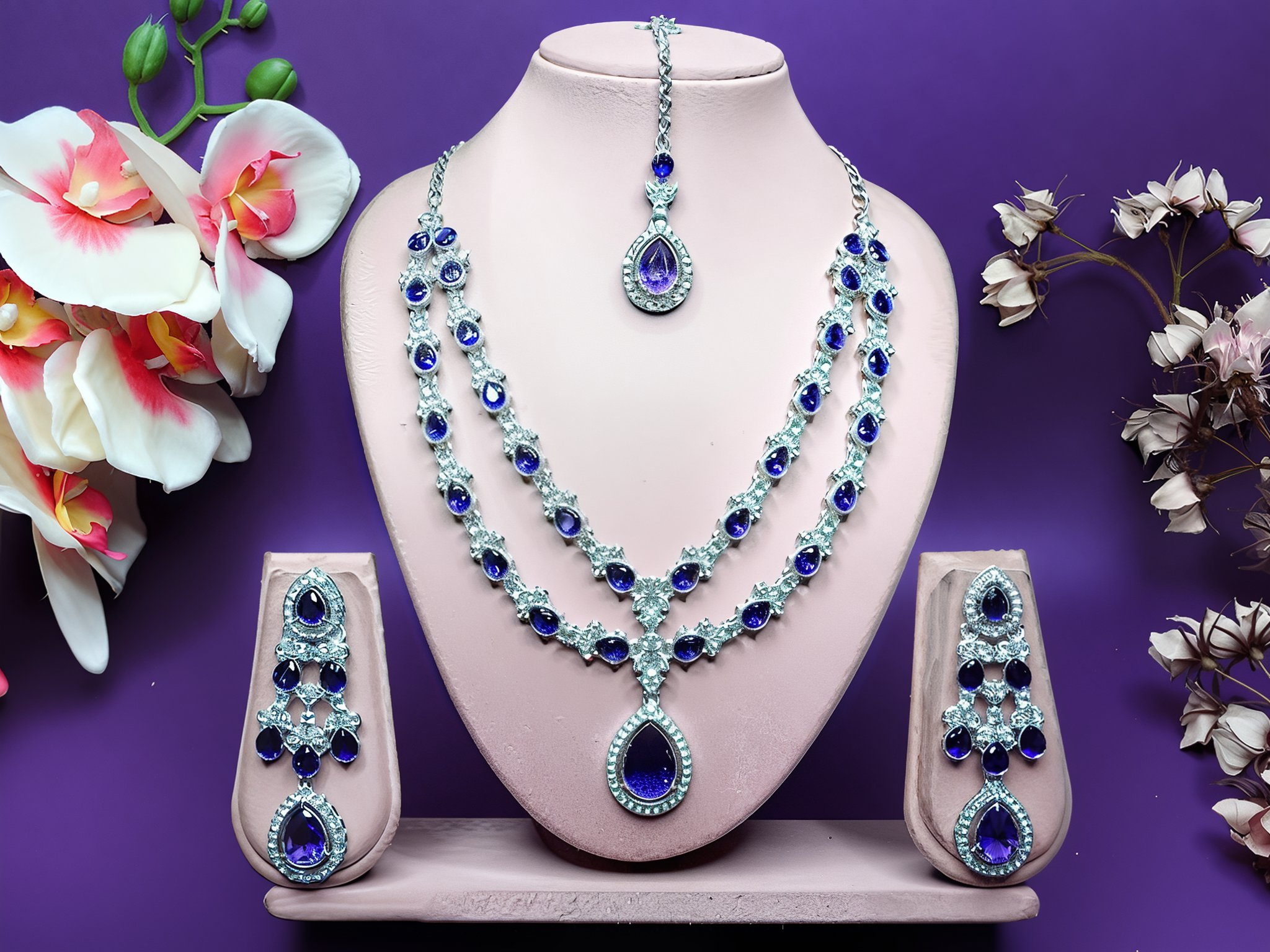 Jewel City Teardrop Bridal Necklace Set with Earrings & Maang Tikka - Ethnic Wedding Jewelry for Brides & Parties | Grocsy