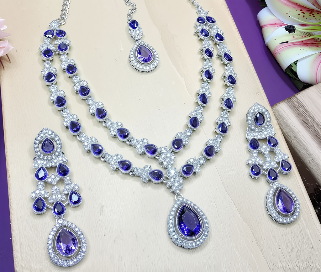 Jewel City Teardrop Bridal Necklace Set with Earrings & Maang Tikka - Ethnic Wedding Jewelry for Brides & Parties | Grocsy