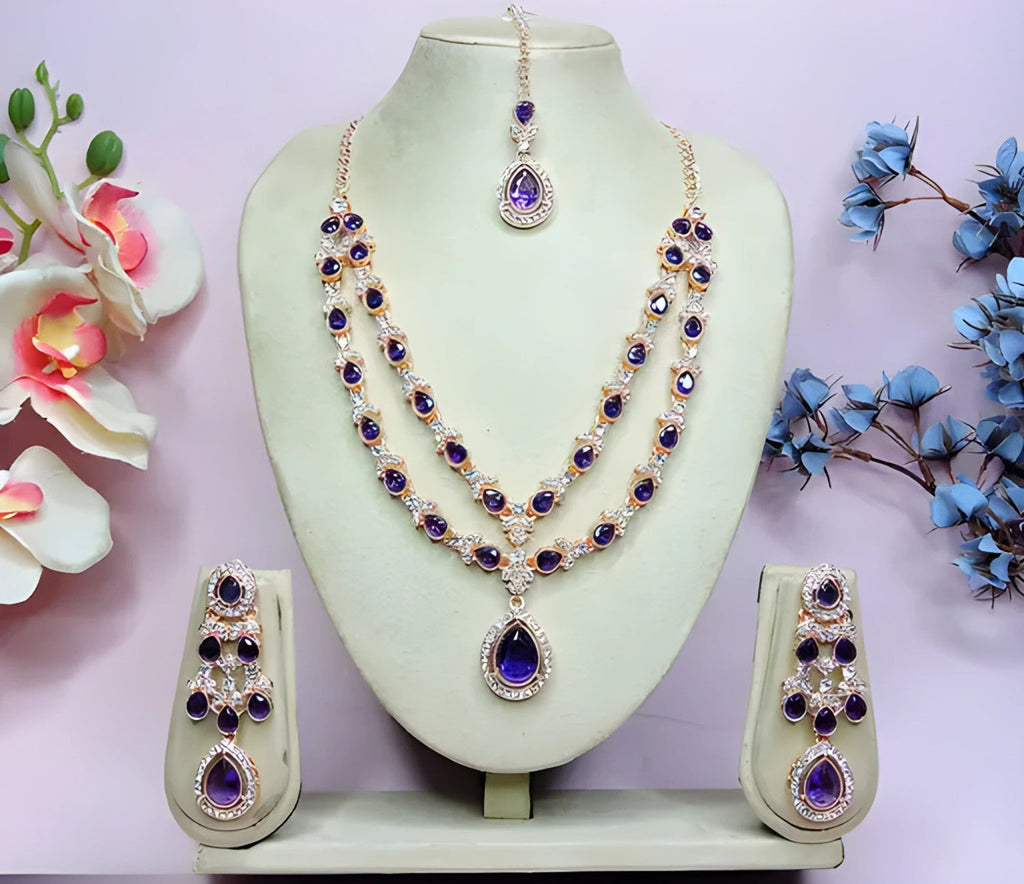 Jewel City Teardrop Bridal Necklace Set with Earrings & Maang Tikka - Ethnic Wedding Jewelry for Brides & Parties | Grocsy