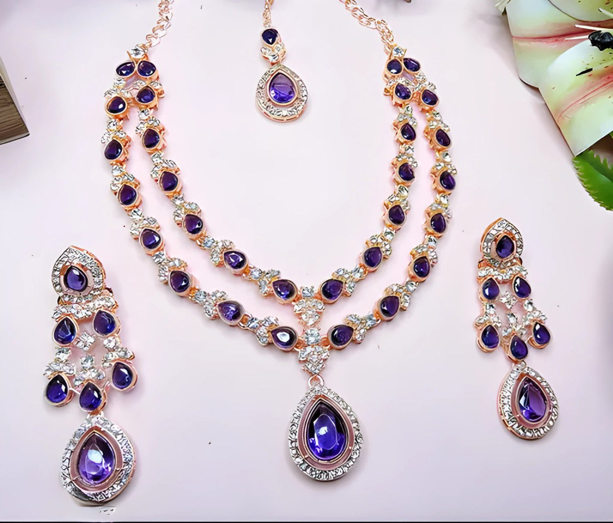 Jewel City Teardrop Bridal Necklace Set with Earrings & Maang Tikka - Ethnic Wedding Jewelry for Brides & Parties | Grocsy