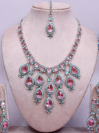 Jewel City Stunning Pink Crystal Bridal Necklace Set with Earrings & Maang Tikka Teardrop Statement Jewelry | Grocsy