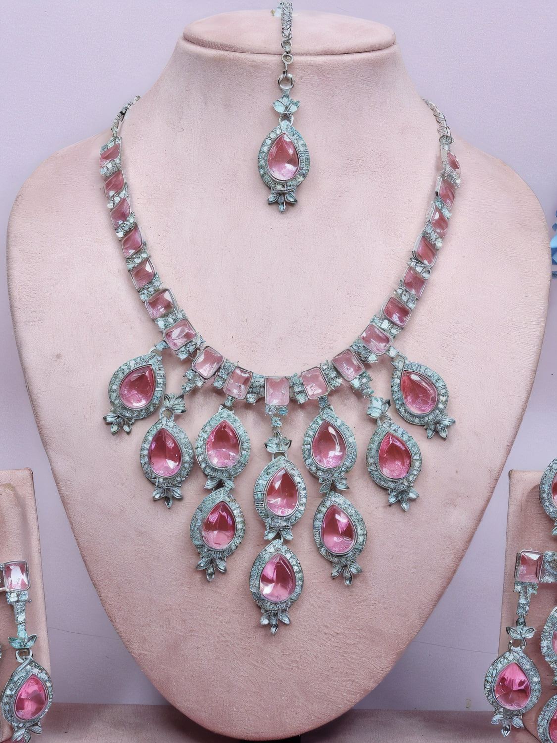 Jewel City Stunning Pink Crystal Bridal Necklace Set with Earrings & Maang Tikka Teardrop Statement Jewelry | Grocsy