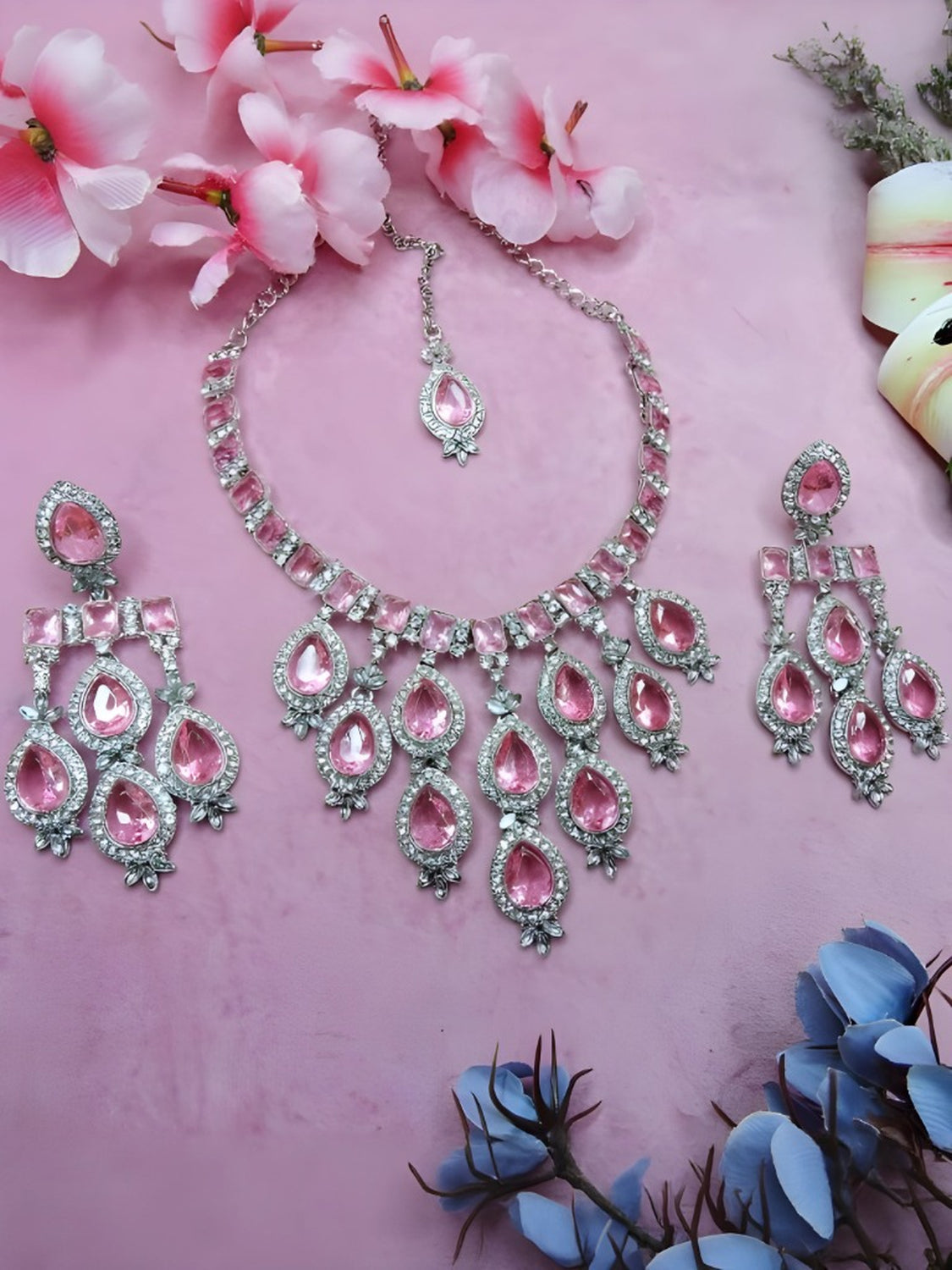 Jewel City Stunning Pink Crystal Bridal Necklace Set with Earrings & Maang Tikka Teardrop Statement Jewelry | Grocsy
