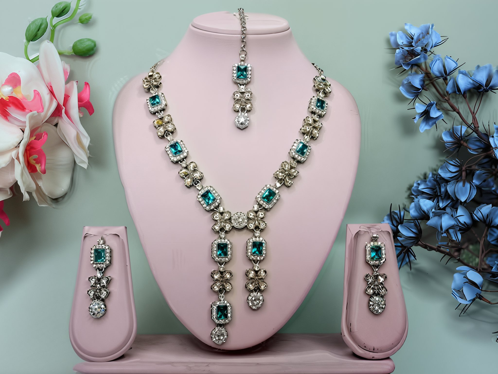 Jewel City Elegant Crystal Floral Necklace Set with Earrings Designer Party Wear Jewelry | Grocsy