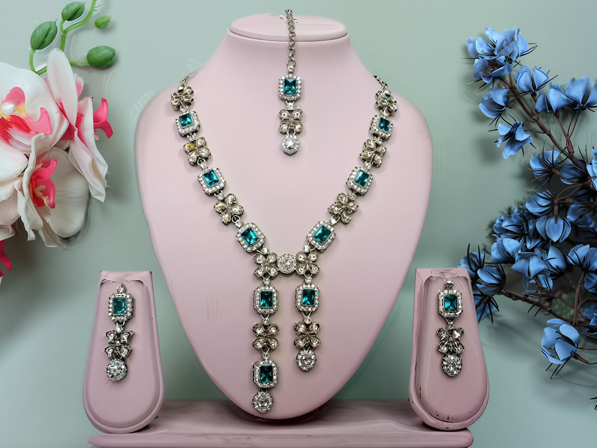 Jewel City Elegant Crystal Floral Necklace Set with Earrings Designer Party Wear Jewelry | Grocsy