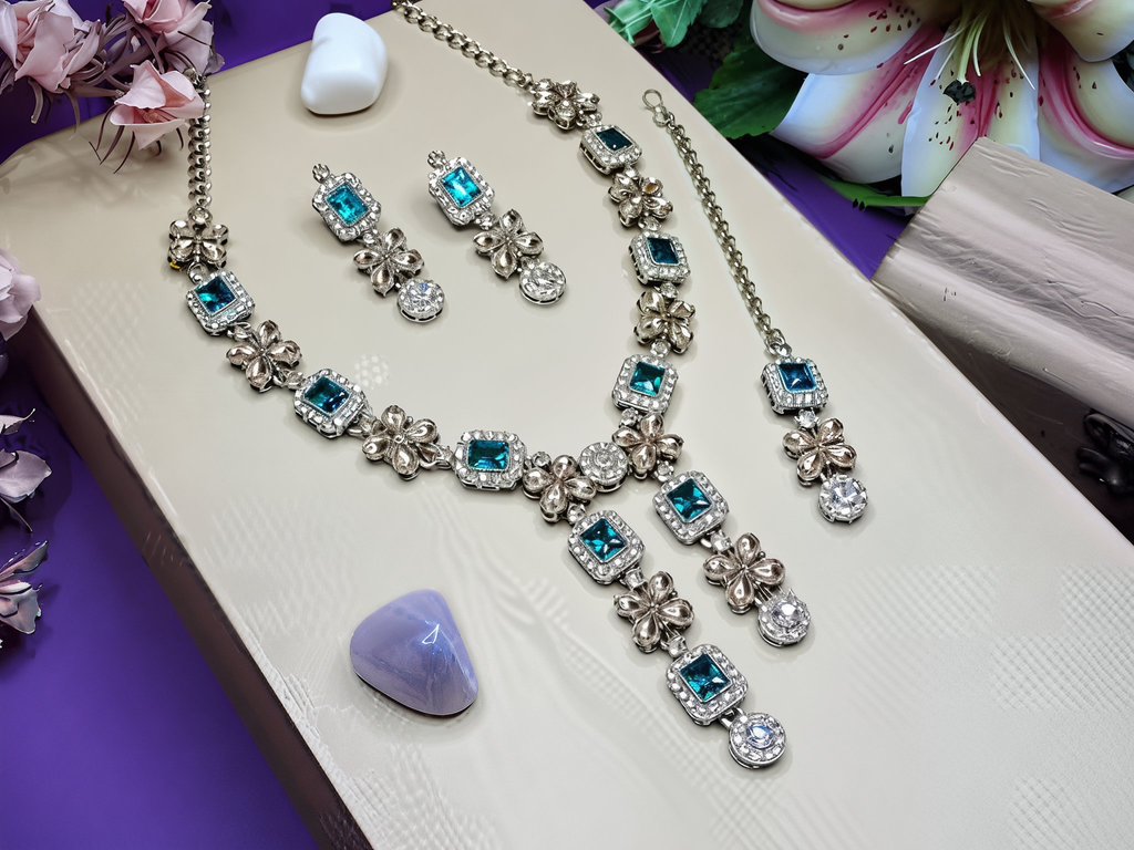 Jewel City Elegant Crystal Floral Necklace Set with Earrings Designer Party Wear Jewelry | Grocsy
