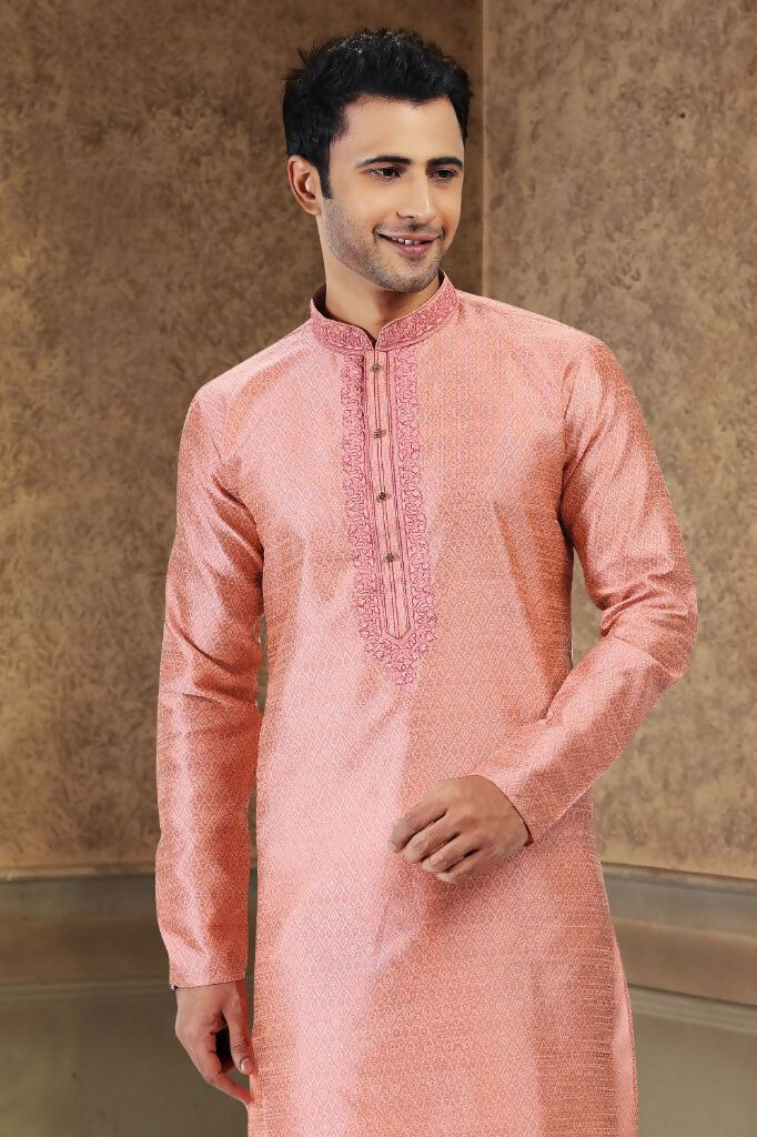 Raivat Ethnic Jacquard Banarasi Silk Thread Work Kurta Pajama In Dark Pink Colour | Grocsy