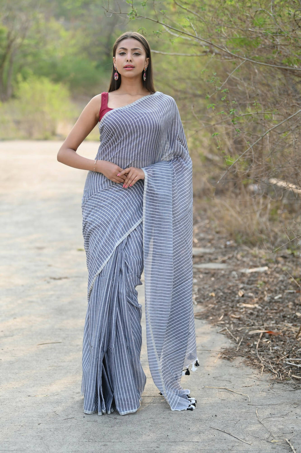 Very Much Indian Designer Pure Cotton Saree With All Over Linear Stripes - Sage Grey | Grocsy