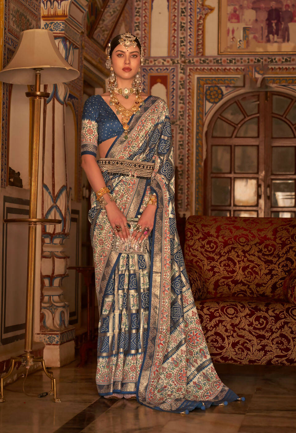 Navy Blue P V Silk Digital Print, Zari Work Printed Saree - Rewaa Parampara | Grocsy