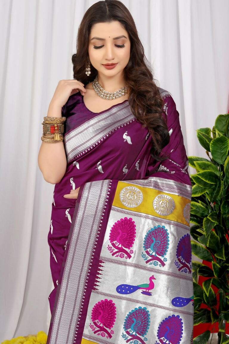 Jyoti Fashion Women's Wine Paithani Silk Zari Woven Saree with Blouse | Grocsy