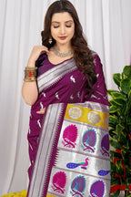 Jyoti Fashion Women's Wine Paithani Silk Zari Woven Saree with Blouse | Grocsy