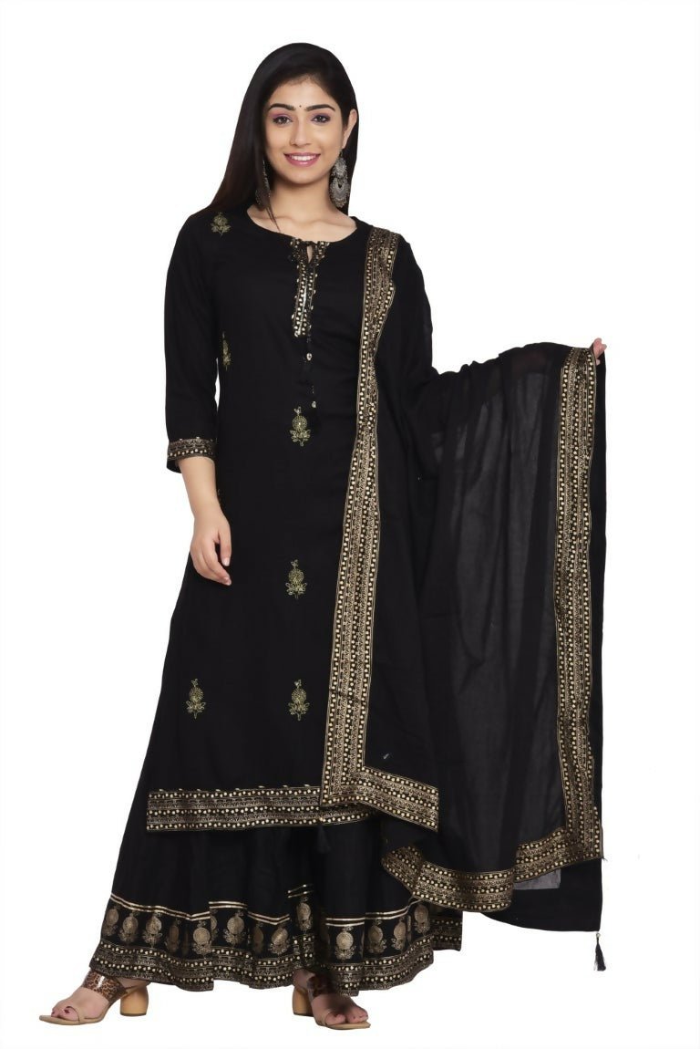 Alvano Women's Gold Zari Print Kurti with Palazzo and Dupatta set Rayon | Grocsy