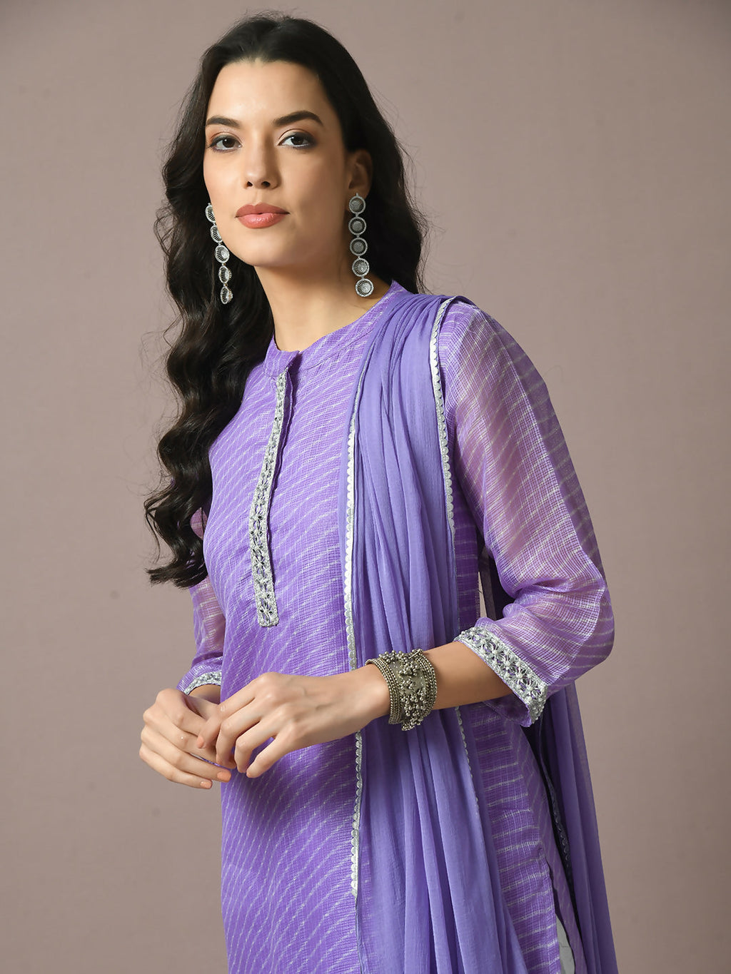 Myshka Women's Lavender Printed Kota Straight Party Kurta Set With Dupatta | Grocsy