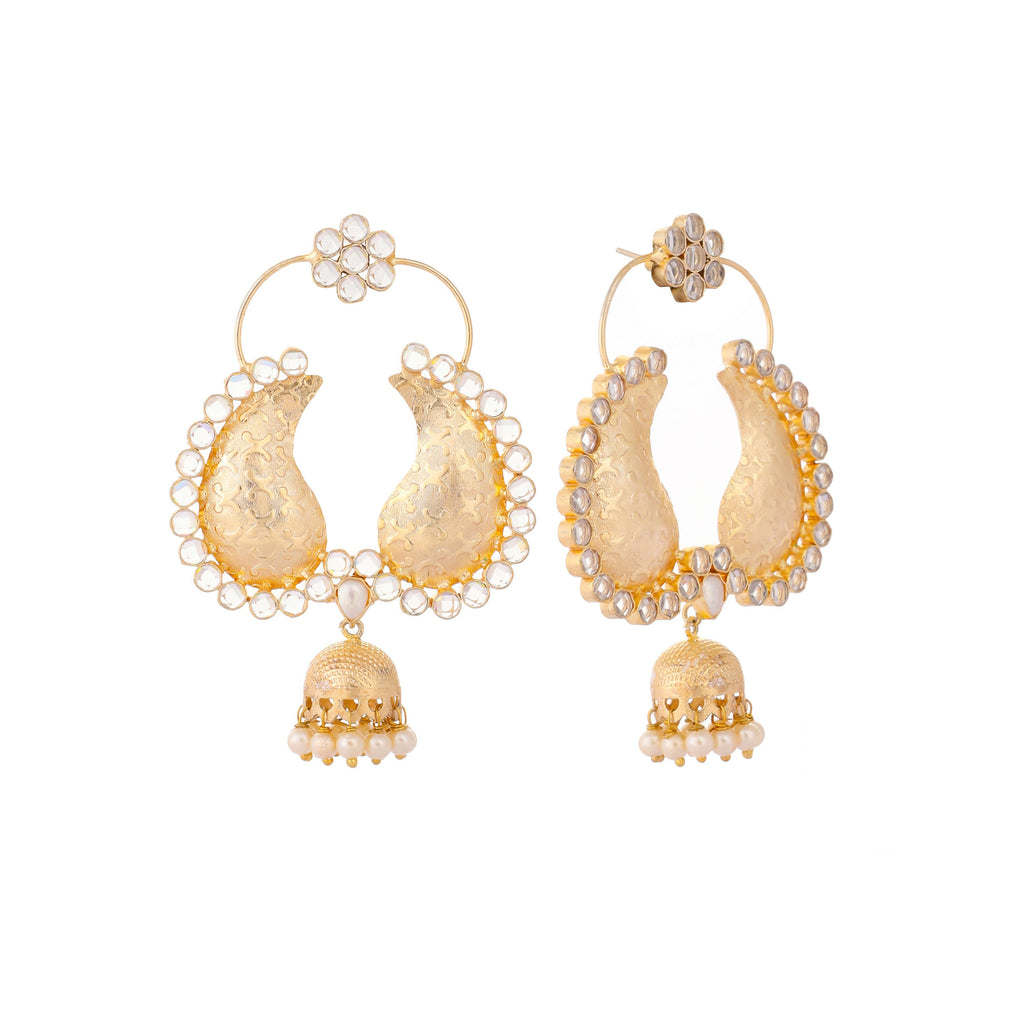 Nuyug 22K Gold Plated White Stone Studded Contemporary Mini Jhumki Dangler Earrings | Grocsy