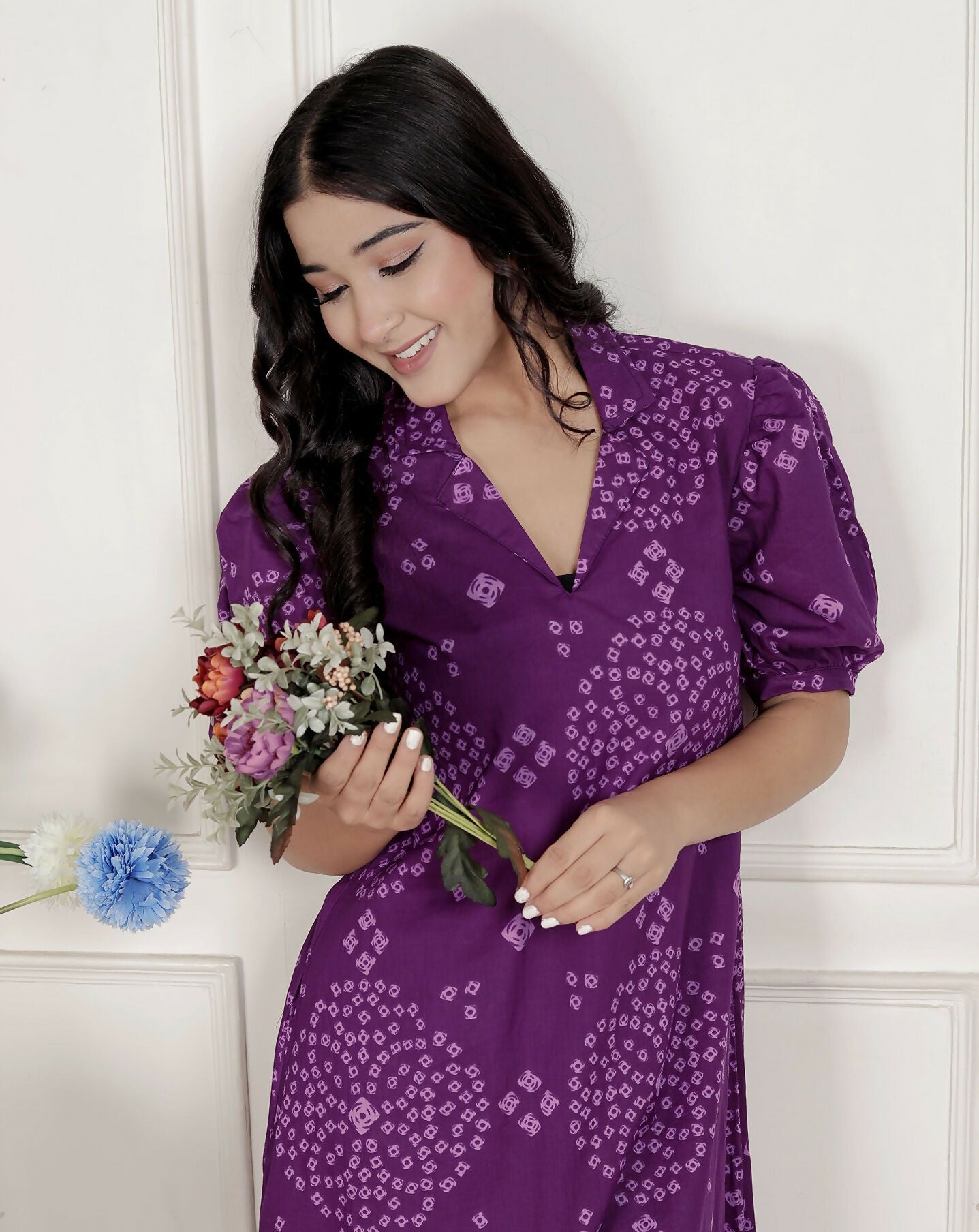 Miravan Womens Purple Bandhani Printed A-Line Maxi Dress | Grocsy