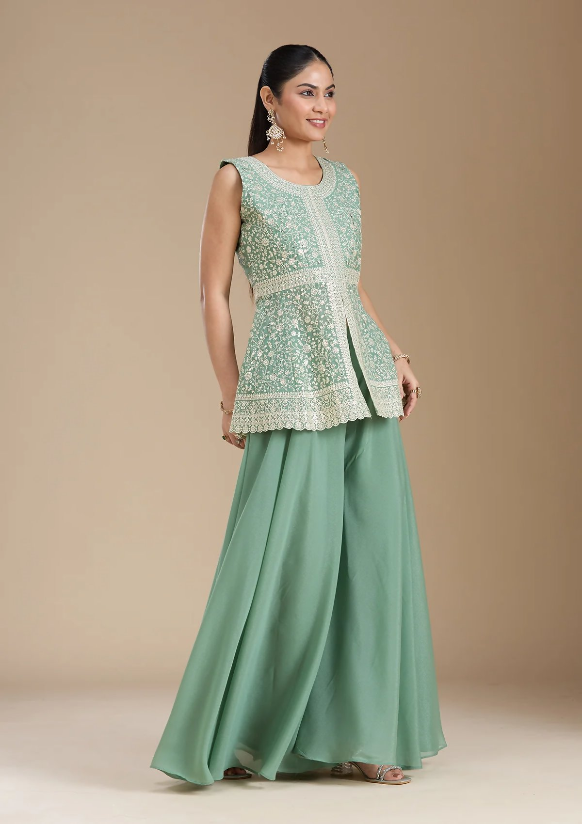 Teeya Creation Teal Color Star Georgette Party Wear Designer Peplum Sharara Set | Grocsy