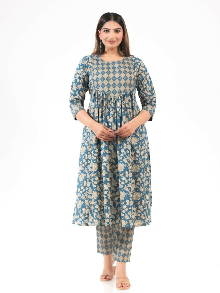 Aramya Blue Soft Cotton Gold foil Print A-line Kurta Set for Women | Grocsy