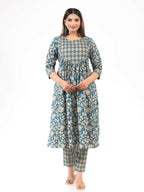 Aramya Blue Soft Cotton Gold foil Print A-line Kurta Set for Women | Grocsy