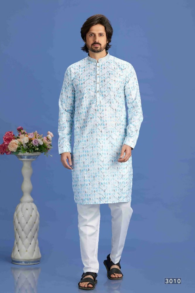 Raivat Ethnic Cotton Embroidery Kurta Pajama In Sky Blue Colour | Grocsy