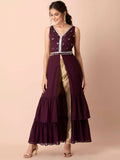 Indya Women Purple & Gold-Toned Embellished Ruffled High Slit Kurta | Grocsy