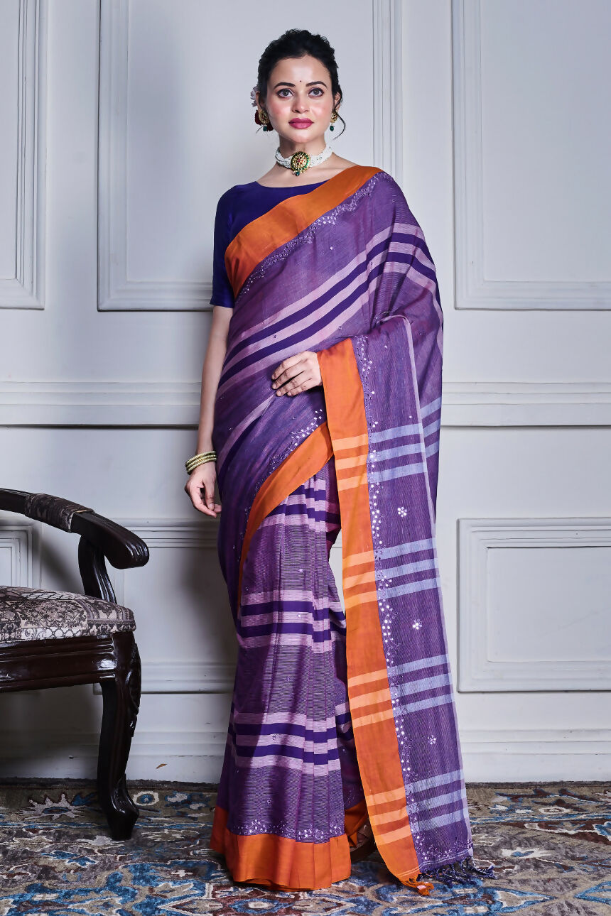 Morchari Purple Cotton Handloom Mirror Work Saree Unstitched Blouse | Grocsy