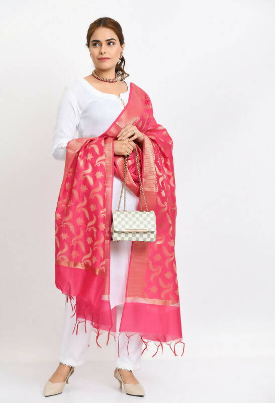 Mominos Fashion Moeza Women's Banarsi Silk Floral Woven Design Pink Dupatta | Grocsy