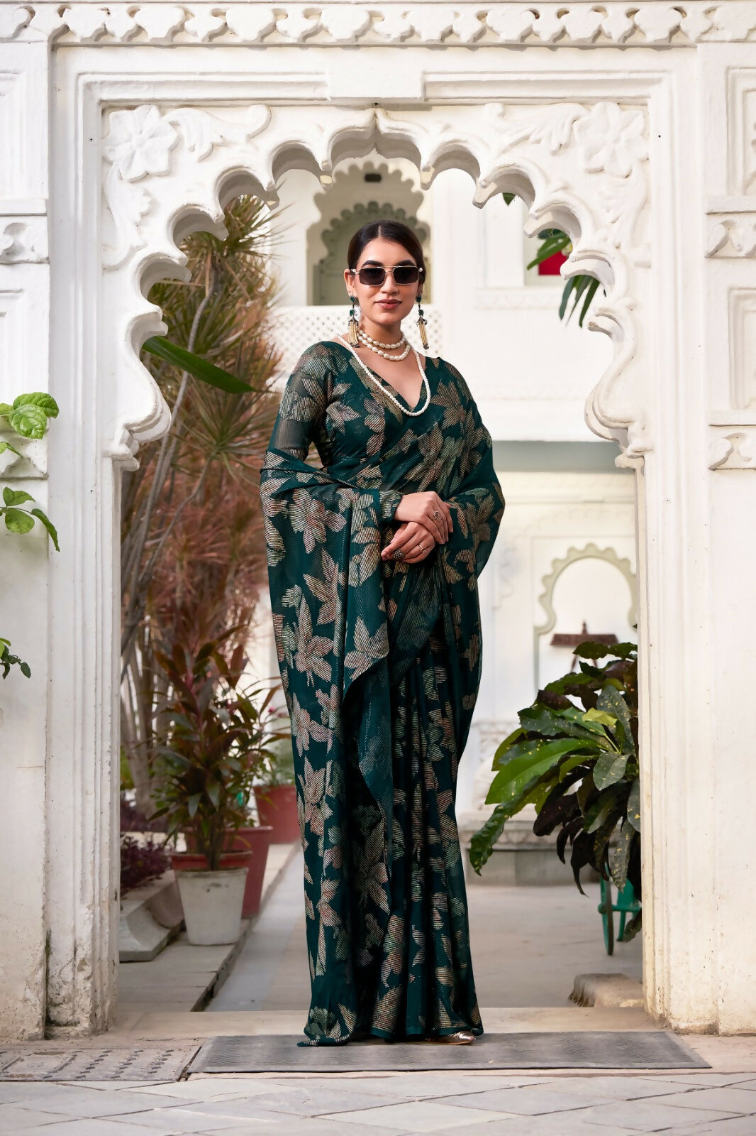 Vastranavya Bottle Green Lurex Brasso Floral Printed Saree with Unstitched Blouse | Grocsy