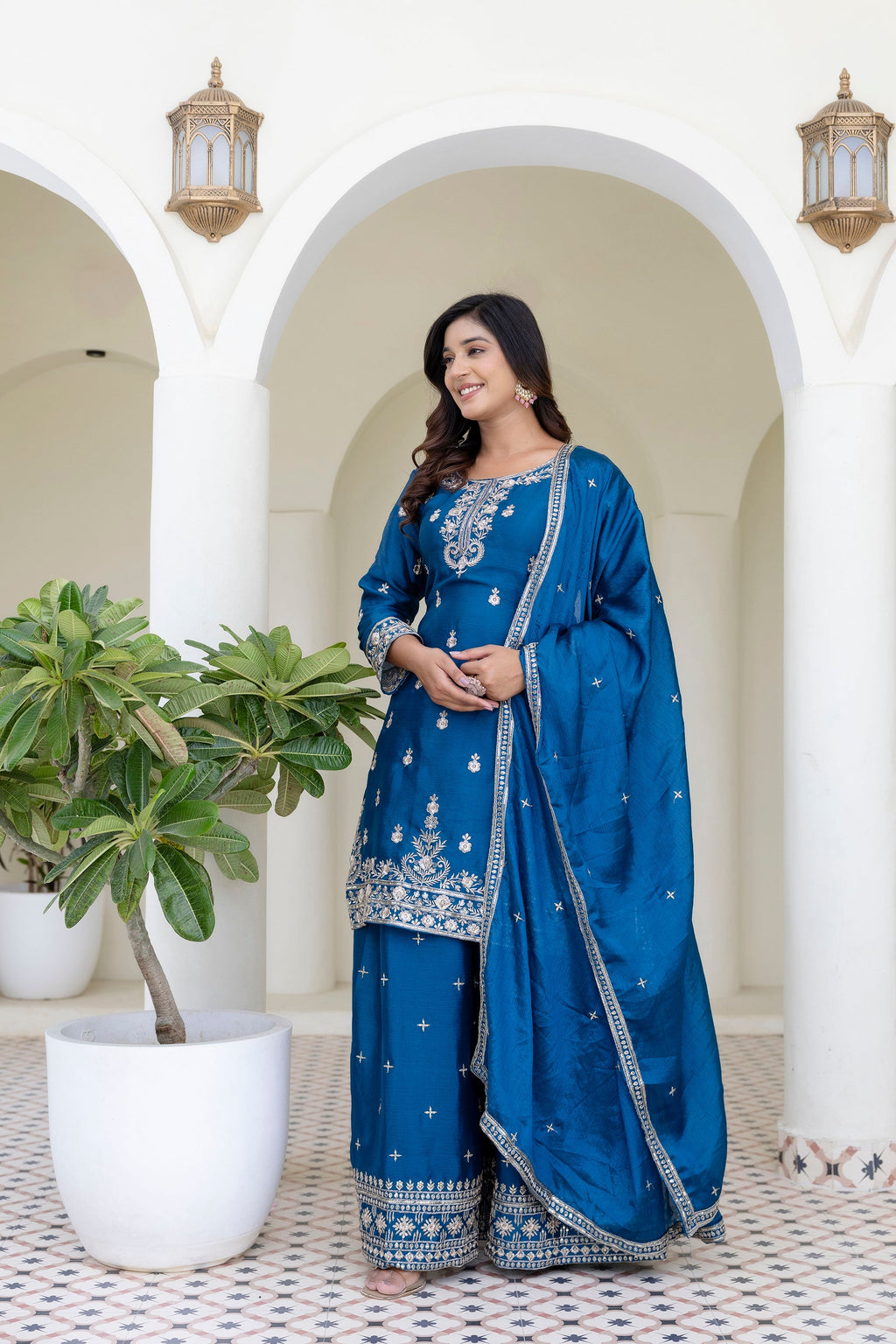 Lehenga Mart Designer Chinon Ready to wear Kurta Palazzo Dupatta for Women - Blue | Grocsy