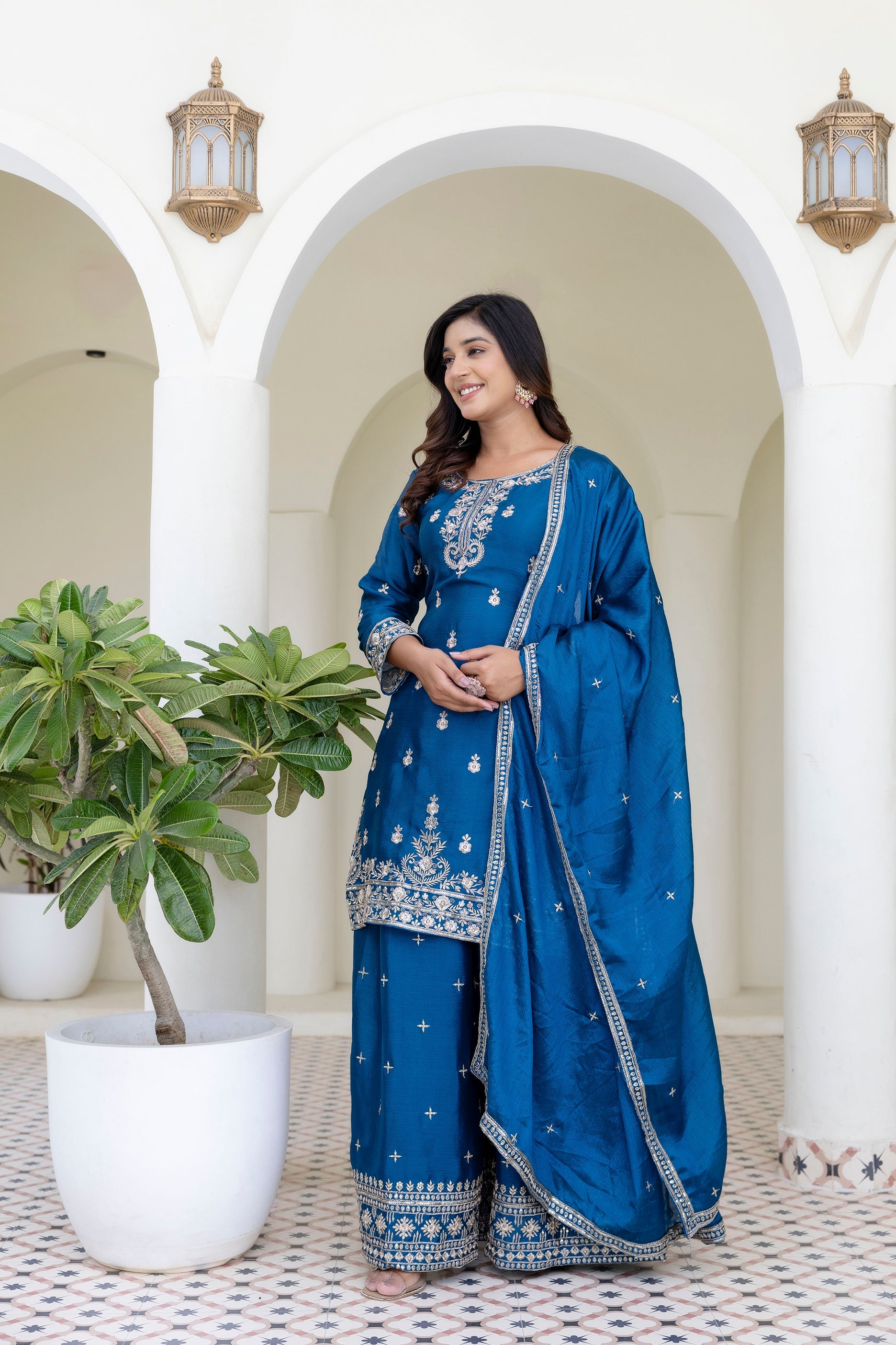 Lehenga Mart Designer Chinon Ready to wear Kurta Palazzo Dupatta for Women - Blue | Grocsy