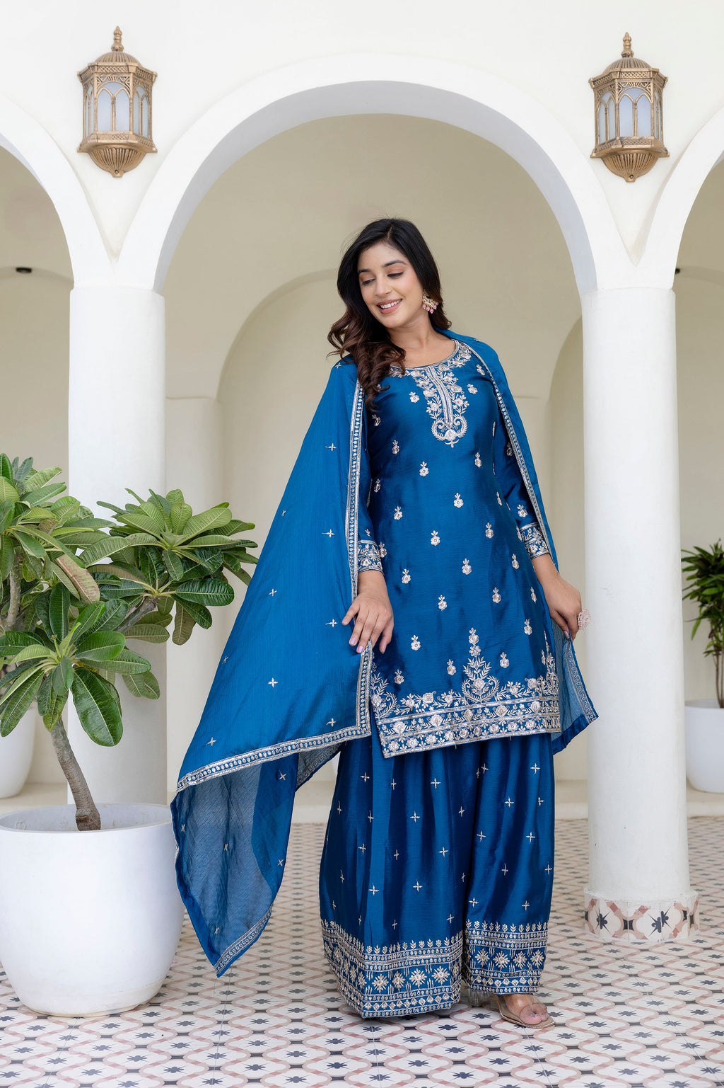 Lehenga Mart Designer Chinon Ready to wear Kurta Palazzo Dupatta for Women - Blue | Grocsy