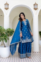 Lehenga Mart Designer Chinon Ready to wear Kurta Palazzo Dupatta for Women - Blue | Grocsy