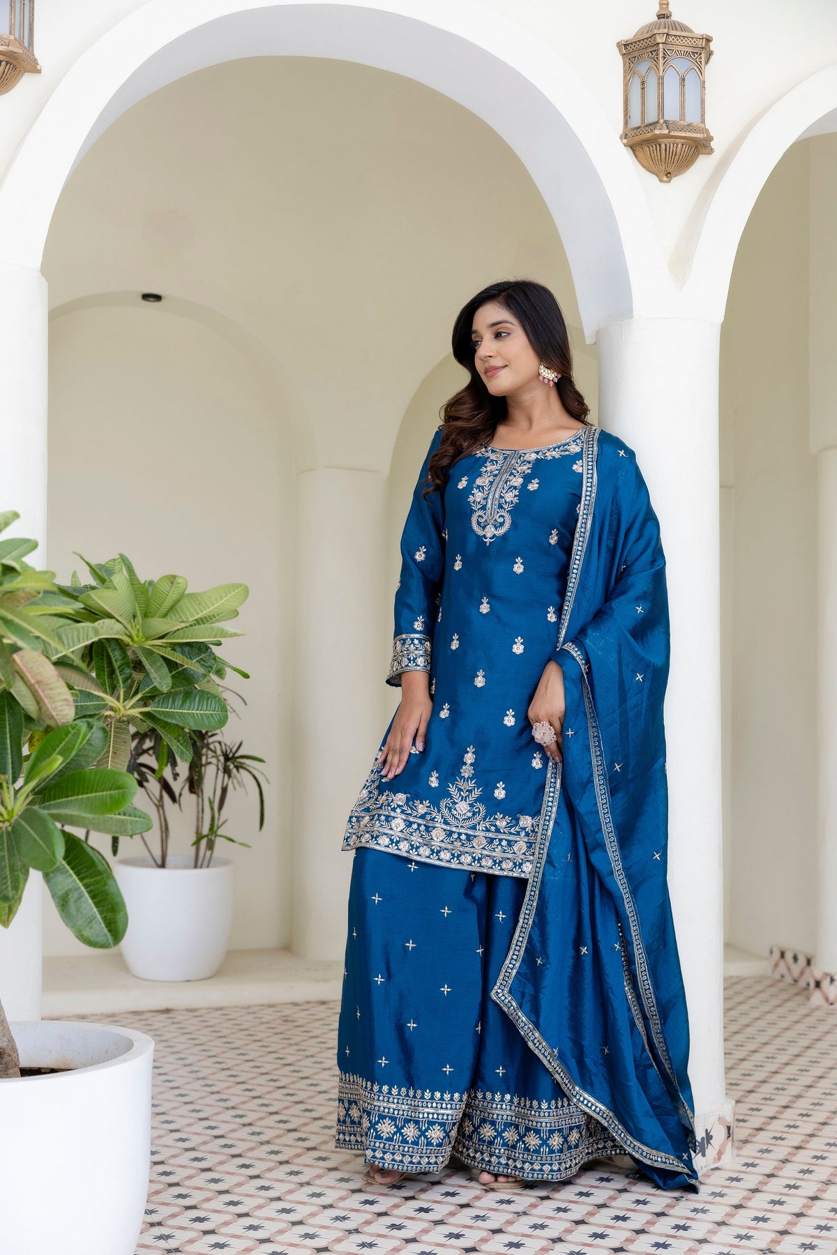 Lehenga Mart Designer Chinon Ready to wear Kurta Palazzo Dupatta for Women - Blue | Grocsy