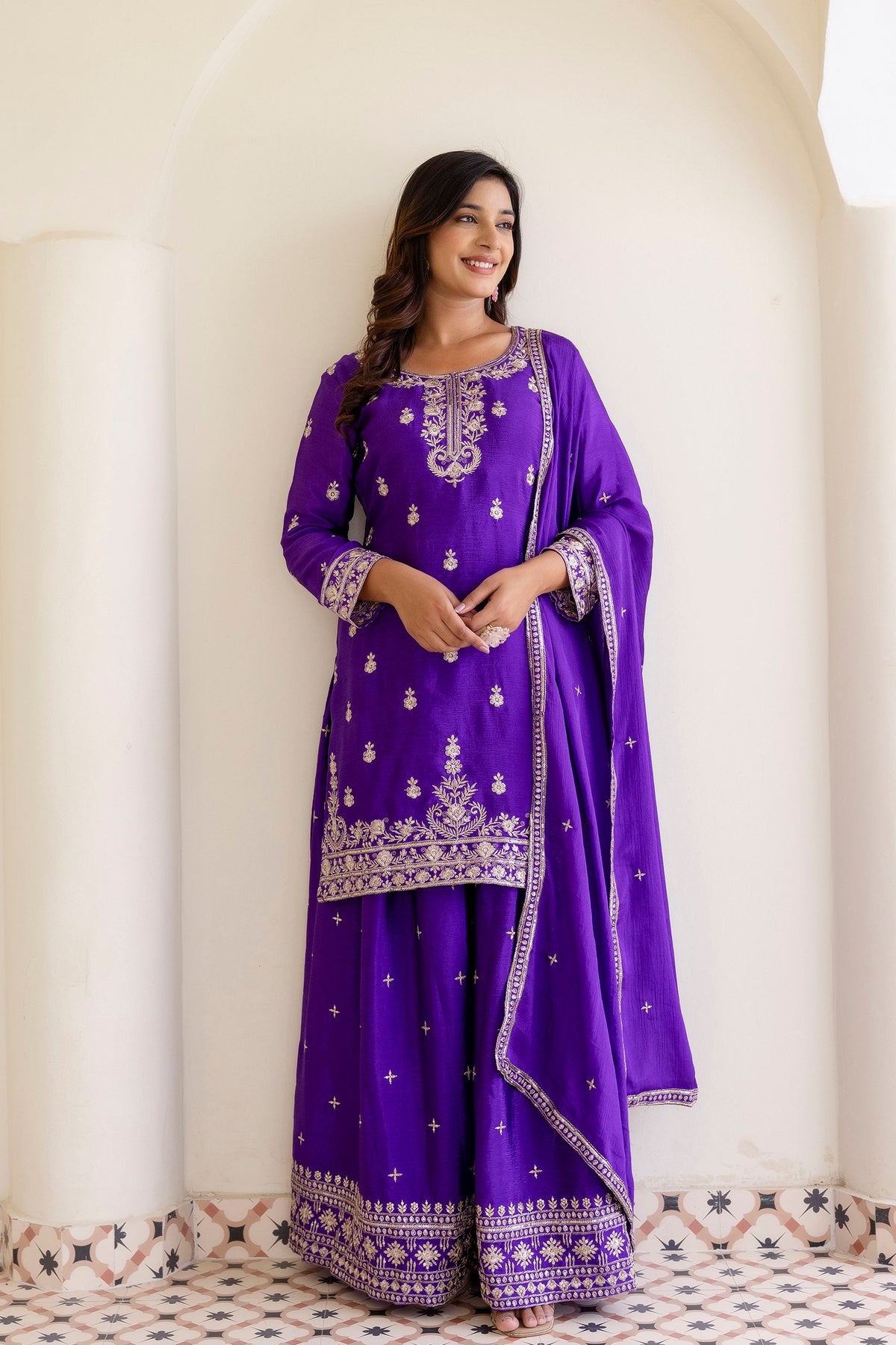 Lehenga Mart Designer Chinon Ready to wear Kurta Palazzo Dupatta for Women - Purple | Grocsy