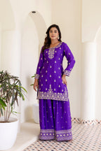 Lehenga Mart Designer Chinon Ready to wear Kurta Palazzo Dupatta for Women - Purple | Grocsy