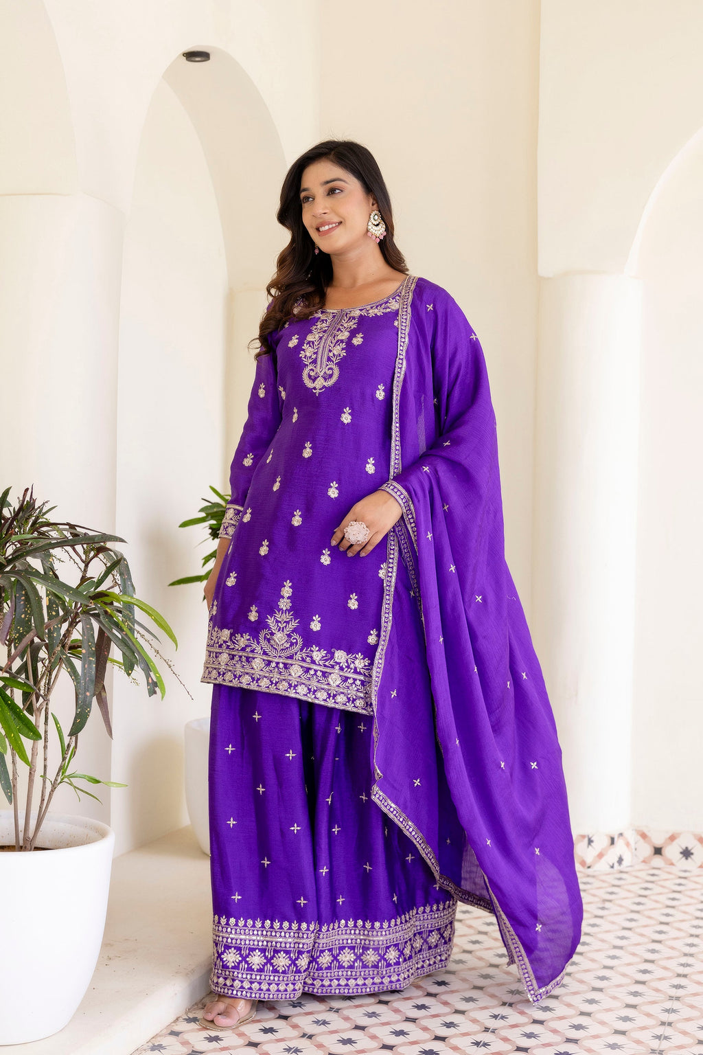 Lehenga Mart Designer Chinon Ready to wear Kurta Palazzo Dupatta for Women - Purple | Grocsy
