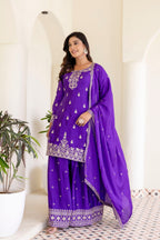 Lehenga Mart Designer Chinon Ready to wear Kurta Palazzo Dupatta for Women - Purple | Grocsy