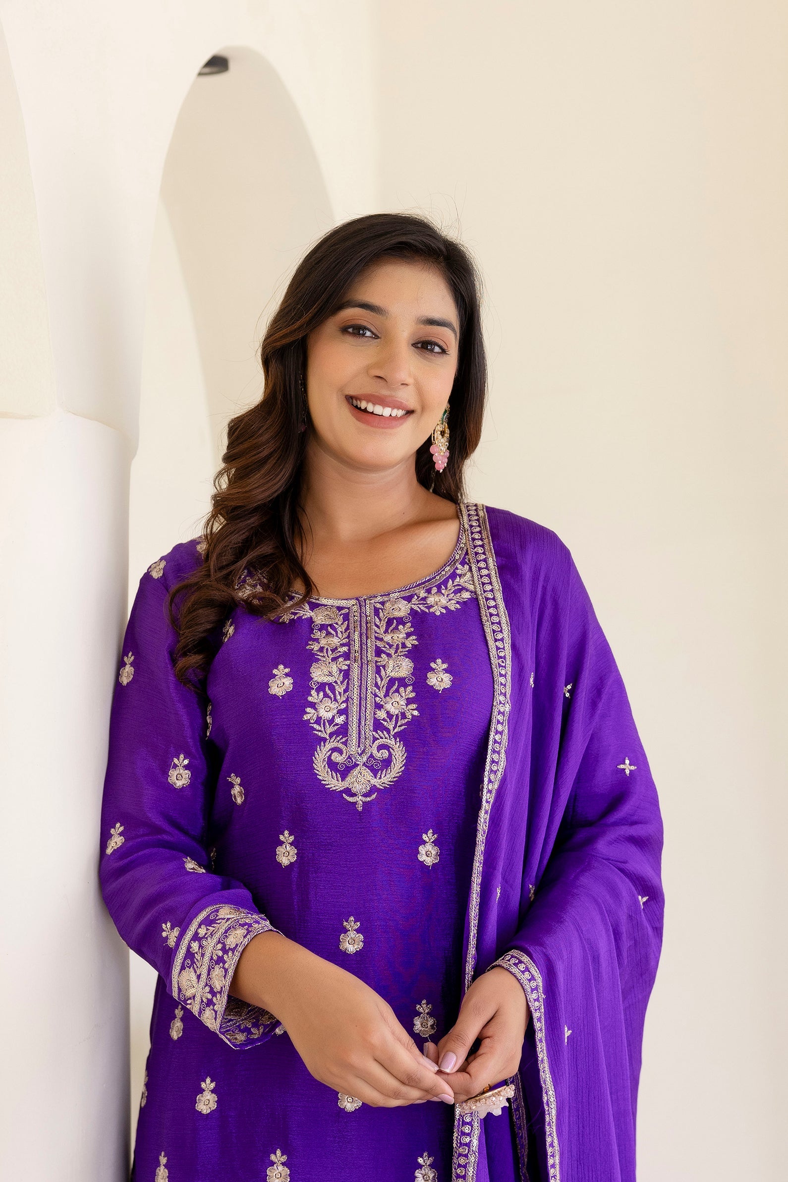 Lehenga Mart Designer Chinon Ready to wear Kurta Palazzo Dupatta for Women - Purple | Grocsy
