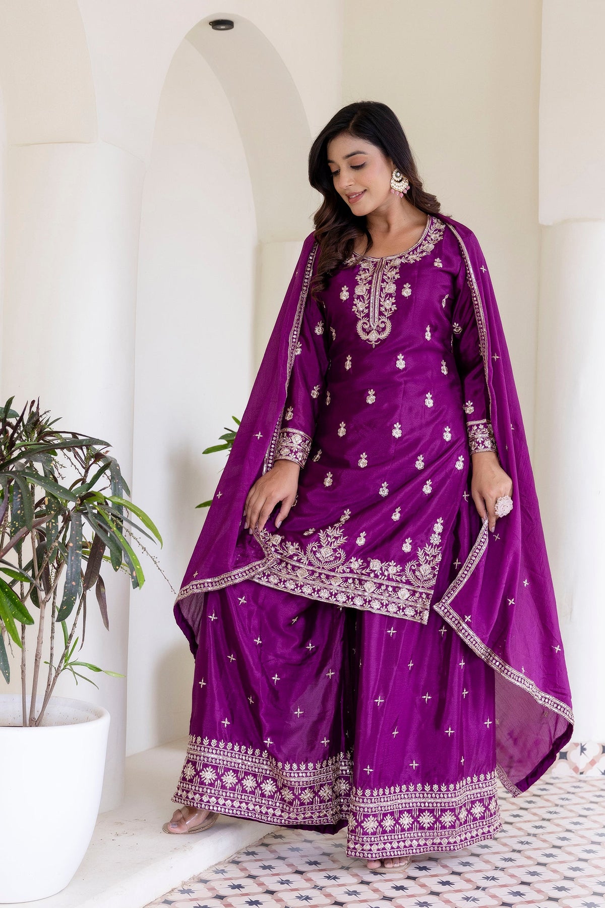 Lehenga Mart Designer Chinon Ready to wear Kurta Palazzo Dupatta for Women - Wine | Grocsy