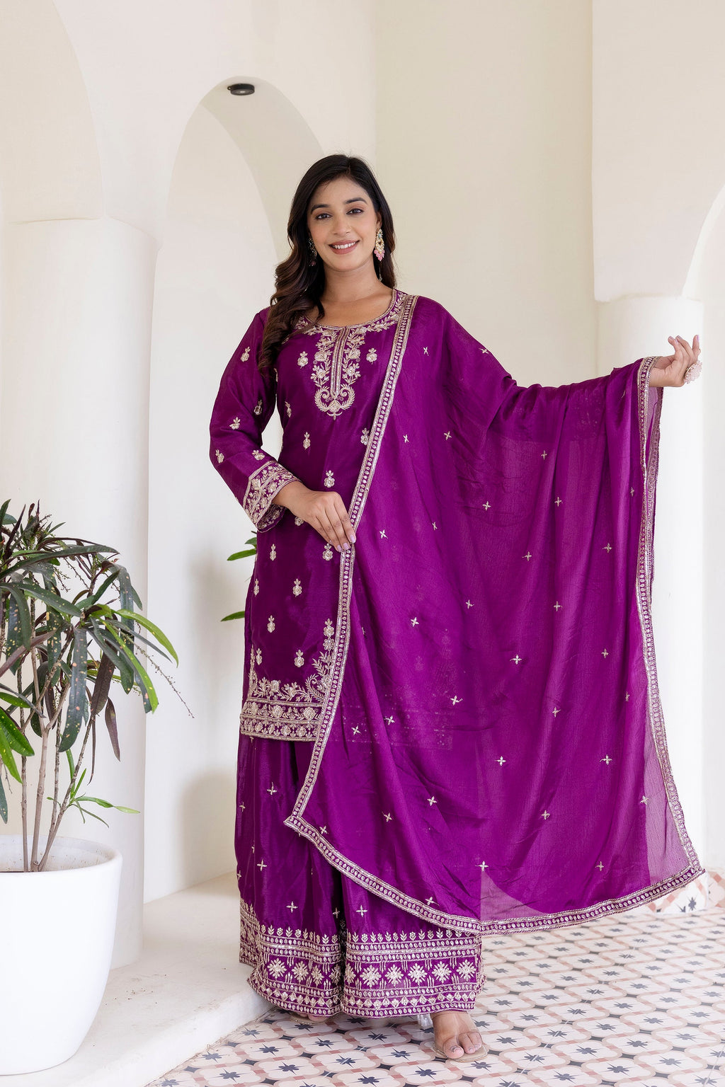 Lehenga Mart Designer Chinon Ready to wear Kurta Palazzo Dupatta for Women - Wine | Grocsy
