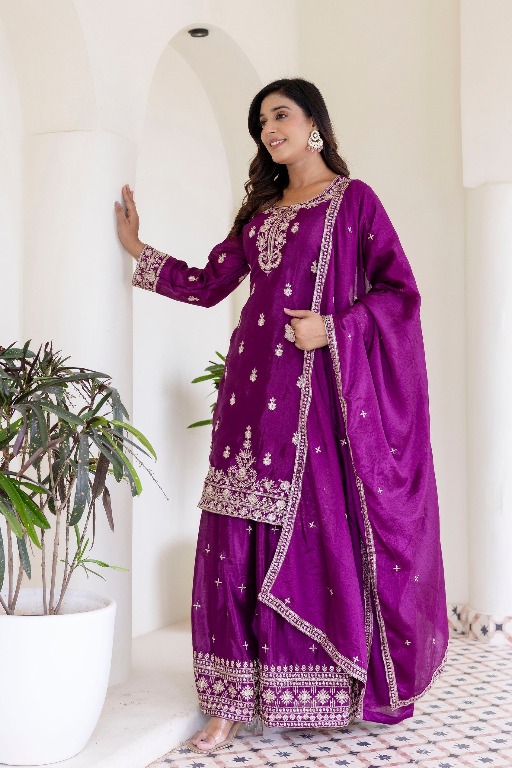 Lehenga Mart Designer Chinon Ready to wear Kurta Palazzo Dupatta for Women - Wine | Grocsy