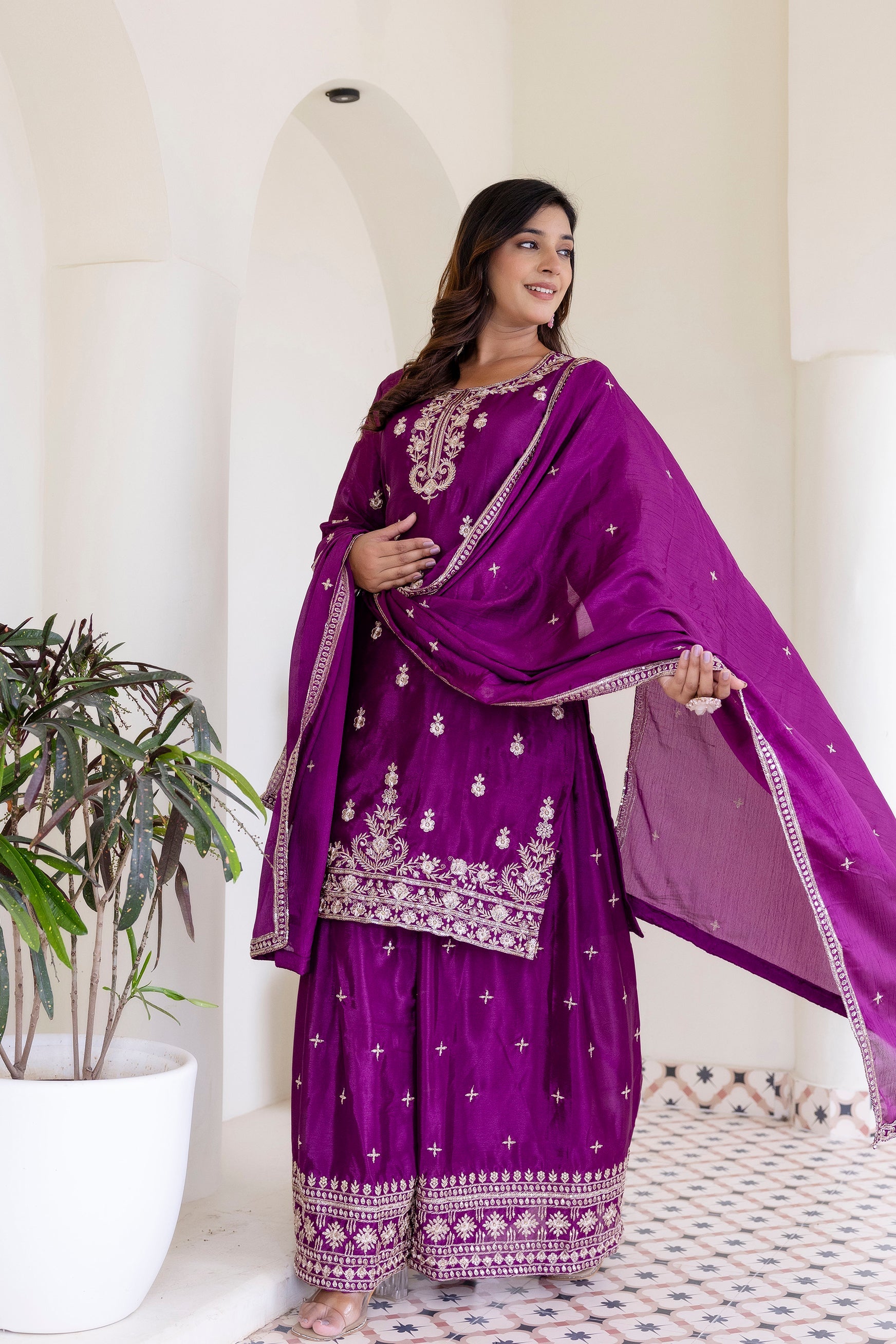 Lehenga Mart Designer Chinon Ready to wear Kurta Palazzo Dupatta for Women - Wine | Grocsy