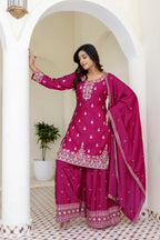 Lehenga Mart Designer Chinon Ready to wear Kurta Palazzo Dupatta for Women - Pink | Grocsy
