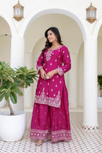 Lehenga Mart Designer Chinon Ready to wear Kurta Palazzo Dupatta for Women - Pink | Grocsy