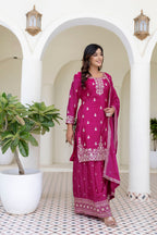Lehenga Mart Designer Chinon Ready to wear Kurta Palazzo Dupatta for Women - Pink | Grocsy