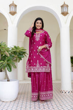 Lehenga Mart Designer Chinon Ready to wear Kurta Palazzo Dupatta for Women - Pink | Grocsy