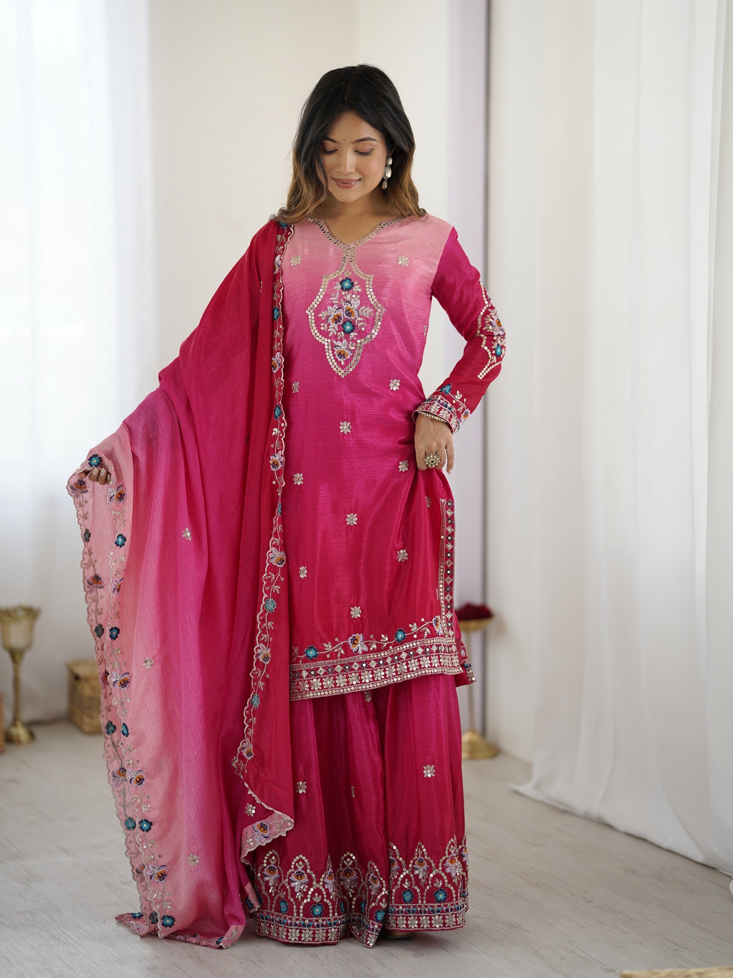 Lehenga Mart Designer Chinon Sharara Suit Dupatta for Women - pink | Grocsy