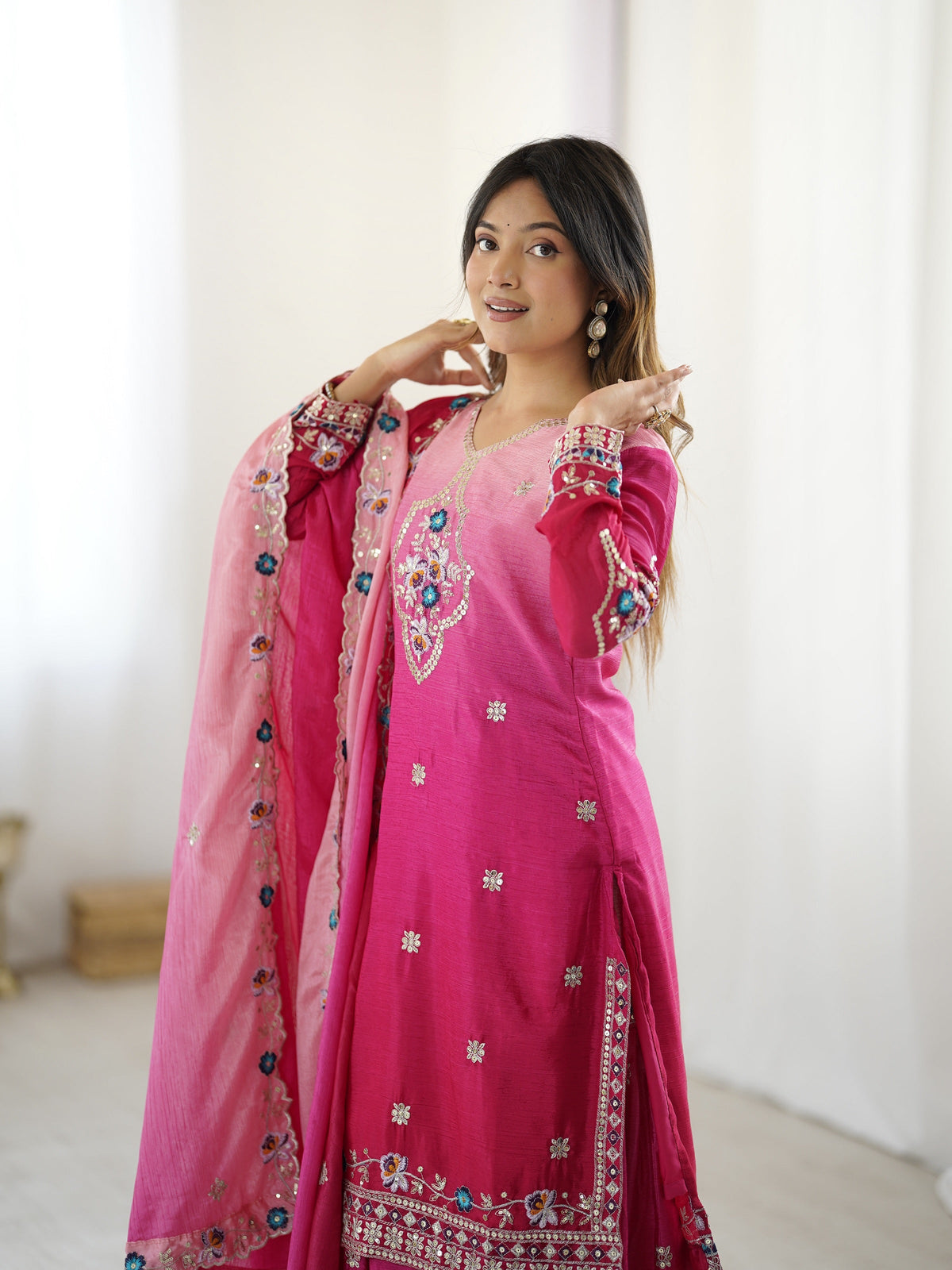 Lehenga Mart Designer Chinon Sharara Suit Dupatta for Women - pink | Grocsy