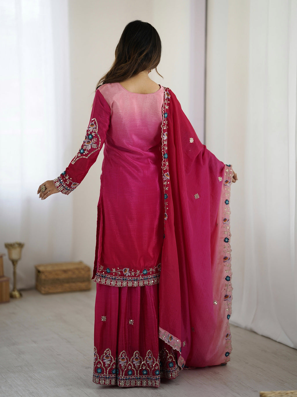 Lehenga Mart Designer Chinon Sharara Suit Dupatta for Women - pink | Grocsy