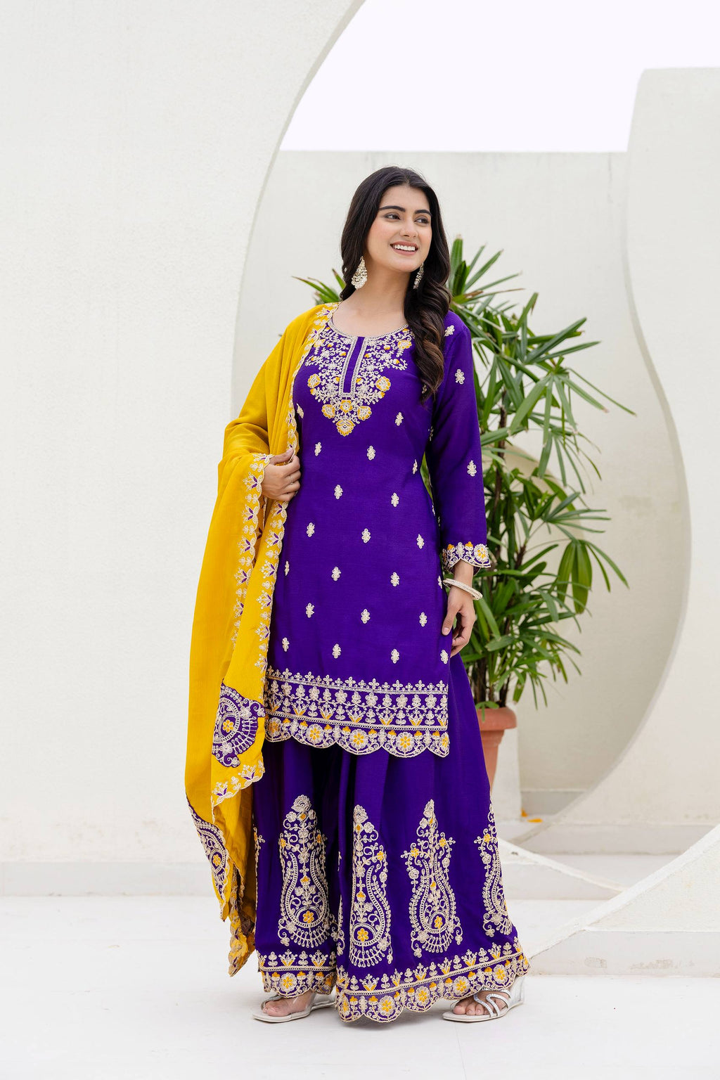 Lehenga Mart Designer Chinon Ready to wear Kurta Palazzo Dupatta for Women - Purple | Grocsy